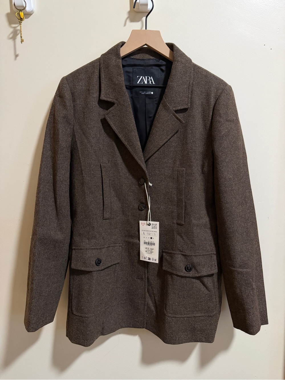 New ZARA Women's Brown Wool-Blend Blazer Jacket L